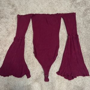 small maroon flare sleeve bodysuit off the shoulder